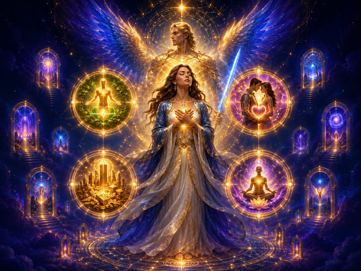 Imagem simbólica da Mesa Magia da Nova Era com Arcanjo Miguel, 4 Chaves da Prosperidade, limpeza energética e 9 Portais Transcendentais