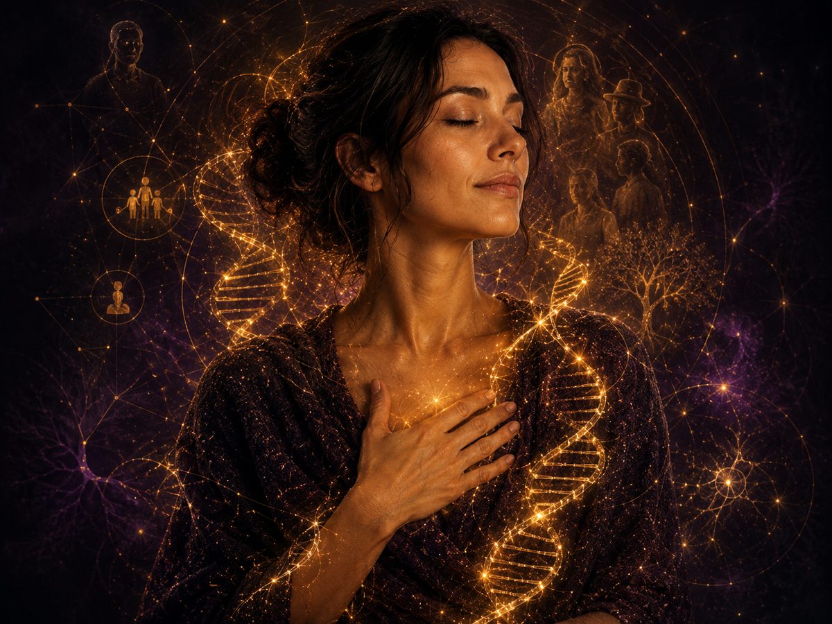 Imagem simbólica de DNA luminoso, campo energético e harmonização sistêmica na sessão DNB DNA e Sistemas