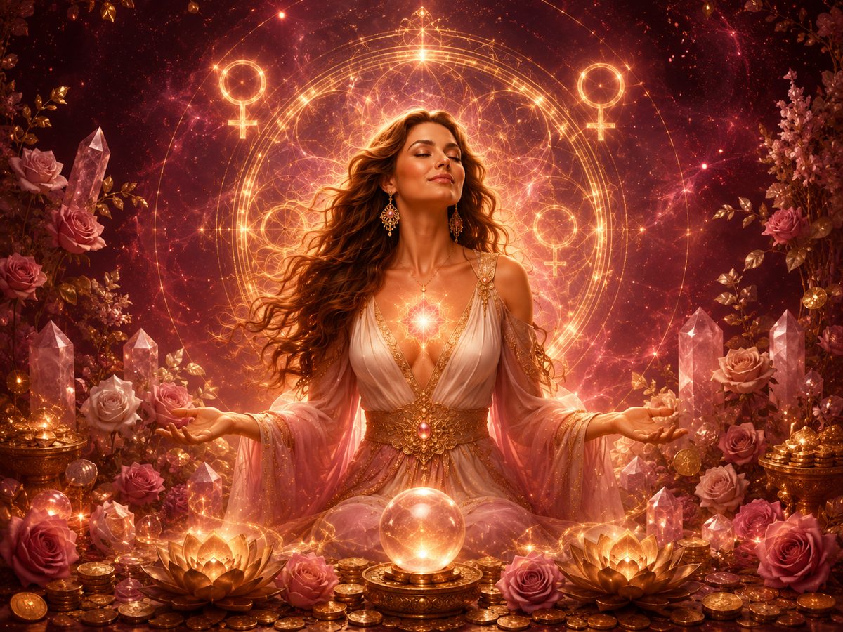 Imagem simbólica da Mesa Vibracional Vênus, prosperidade feminina, merecimento financeiro, energia venusiana e abundância para mulheres