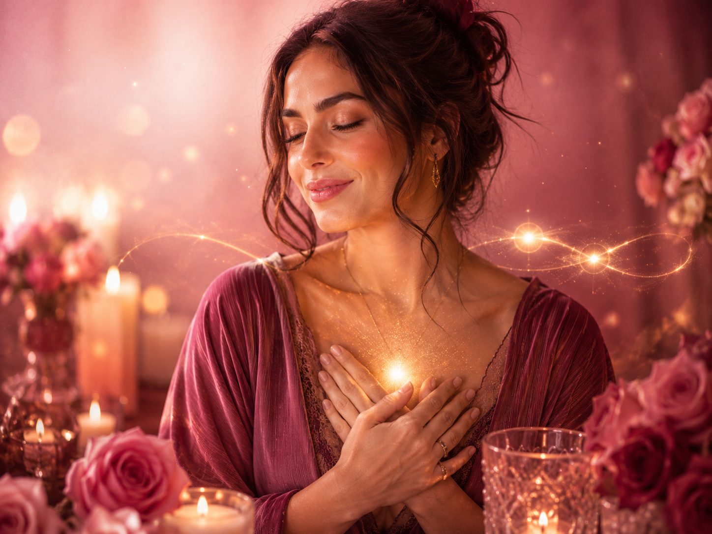 Imagem simbólica da Mesa Quântica de Relacionamentos da Mestra Rowena trabalhando amor, cura emocional e Chama Rosa
