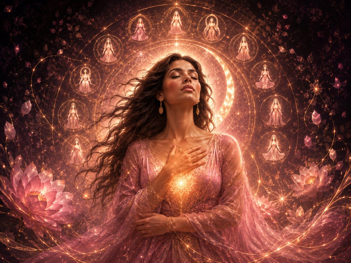 Imagem simbólica da Mesa Radiônica de Cura Ancestral Feminina com as 13 Deusas de Luz, lua, flores, sagrado feminino e energia dourada