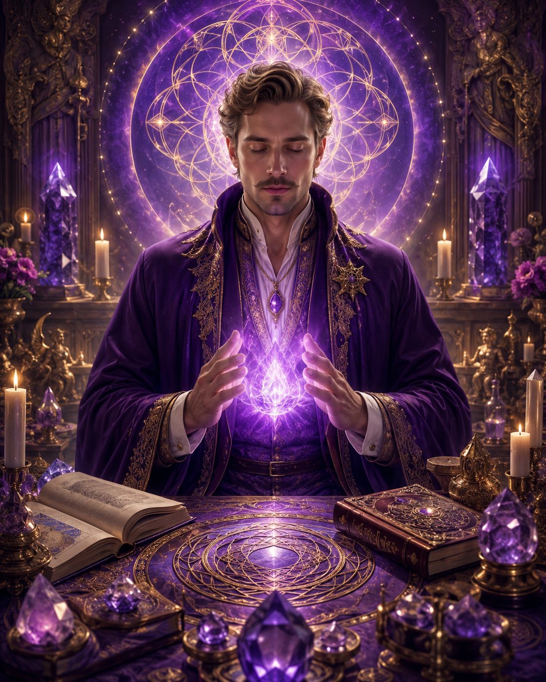 Imagem simbólica da Mesa Quântica de Saint Germain trabalhando transmutação, prosperidade e cura energética